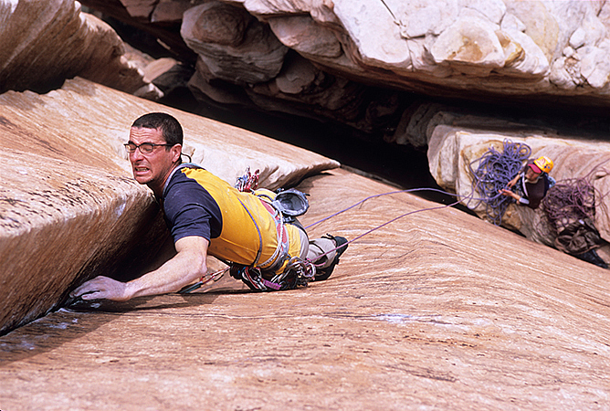Cedar Wright making the first ascent of Birthday Bash, Zion National Park